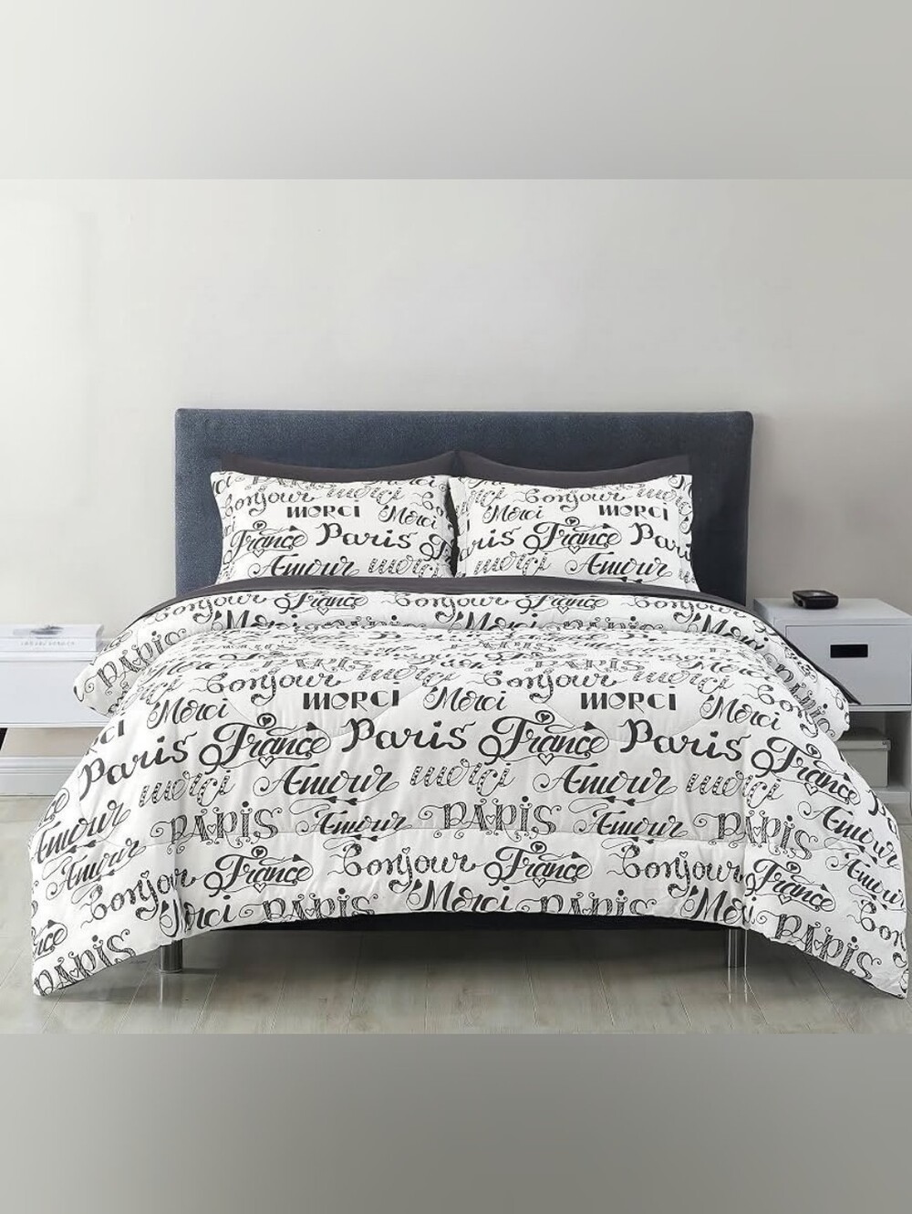 Paris Script Black and White Comforter Set -  King Size